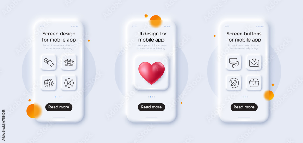 Survey check, Package box and Selfie stick line icons pack. 3d phone mockups with heart. Glass smartphone screen. Rotation gesture, Recovery tool, Employees teamwork web icon. Vector