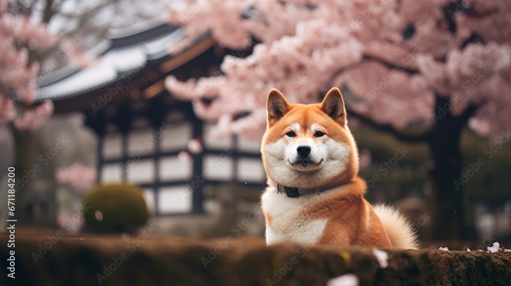 Shiba Inu dog breed against the background of cherry blossoms. Generation AI