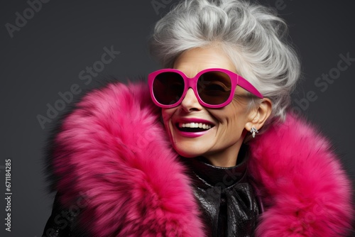 Smiling Senior Woman in Fashionable Pink Jacket, Embracing Vibrant Colors in Studio Shoot