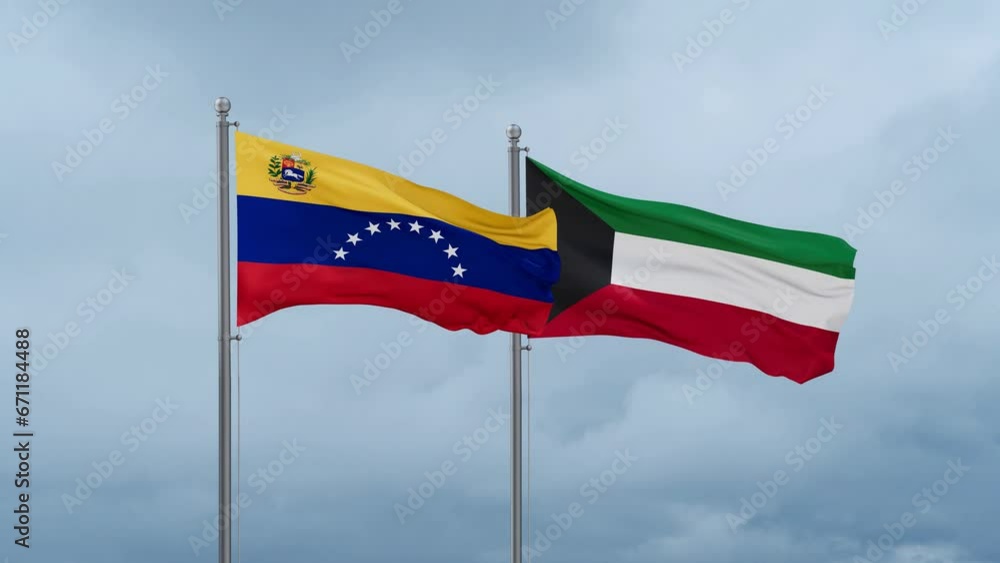 Kuwait and Venezuela flag waving together on cloudy sky, endless seamless loop, two country cooperation concept Kuwait and Venezuela flag waving together on cloudy sky, endless seamless loop, two country cooperation concept