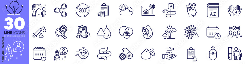 Startup, Covid virus and Waterproof line icons pack. Medical analyzes, Coronavirus research, Timer web icon. Blood donation, Vocabulary, Difficult stress pictogram. Healthcare calendar. Vector - obrazy, fototapety, plakaty 