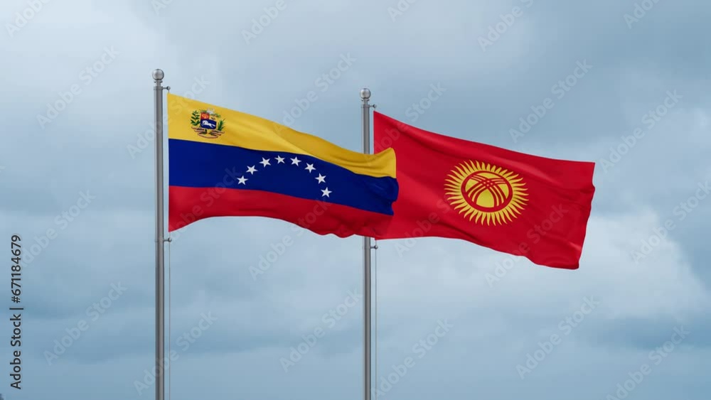 Kyrgyzstan flag and Venezuela flag waving together on cloudy sky, endless seamless loop, two country relations concept Kyrgyzstan flag and Venezuela flag waving together on cloudy sky, endless seamless loop, two country relations concept