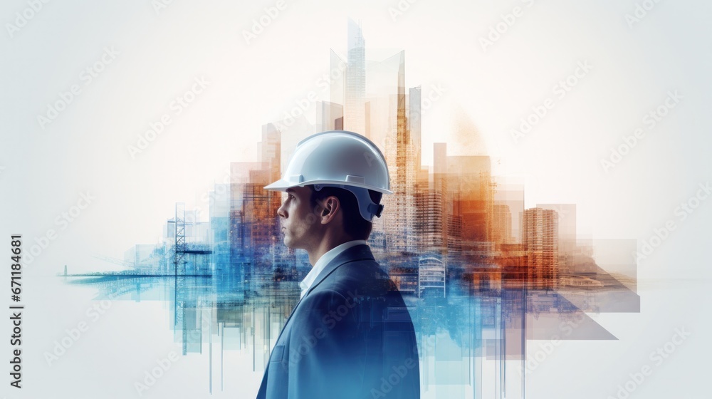 Double exposure photography of an engineer man, professional, building, urban, creative, communication, executive, technology, suit, finance, job, work