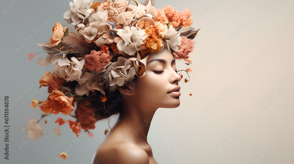 Mental health awareness and self care. Happiness and inner peace with strong and feminine personality. Psychological balance for mother or female. Woman with her head covered with flowers. - obrazy, fototapety, plakaty 