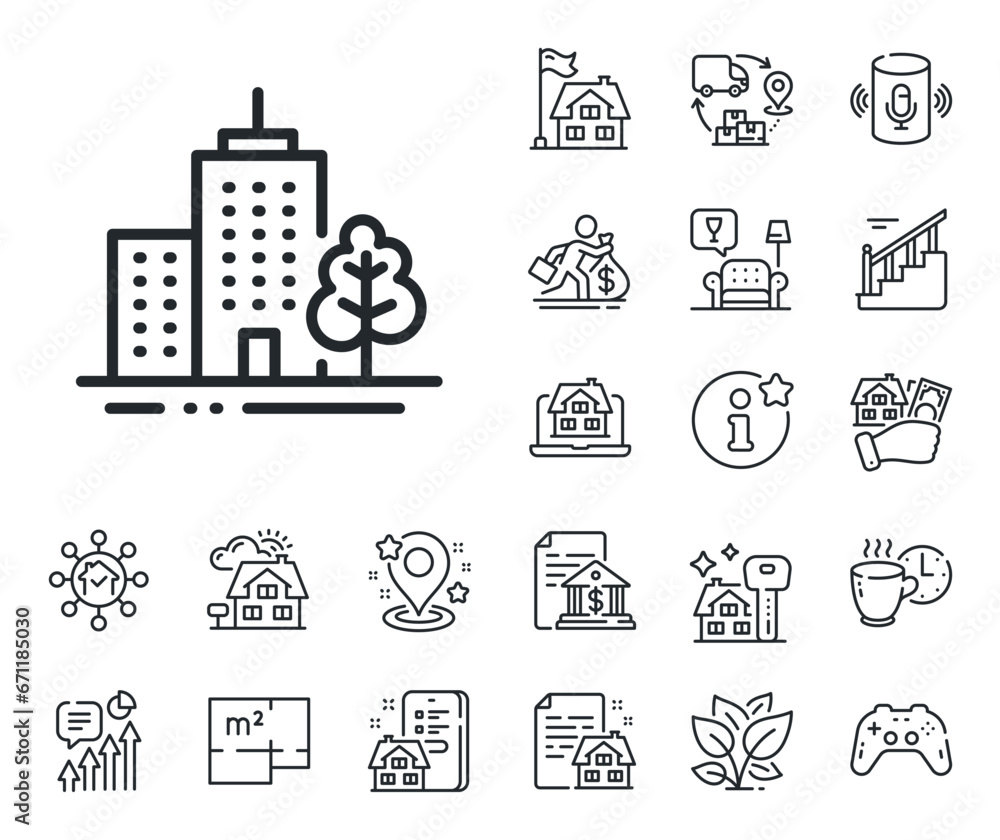 City architecture with tree sign. Floor plan, stairs and lounge room outline icons. Skyscraper buildings line icon. Town symbol. Skyscraper buildings line sign. Vector