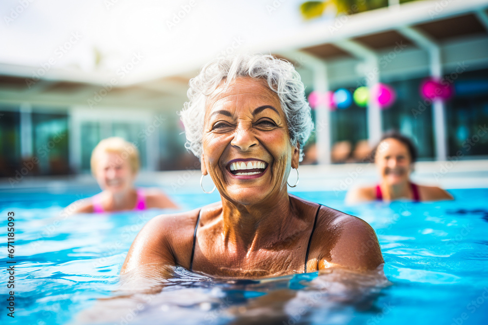 Femme senior se baignant à la piscine