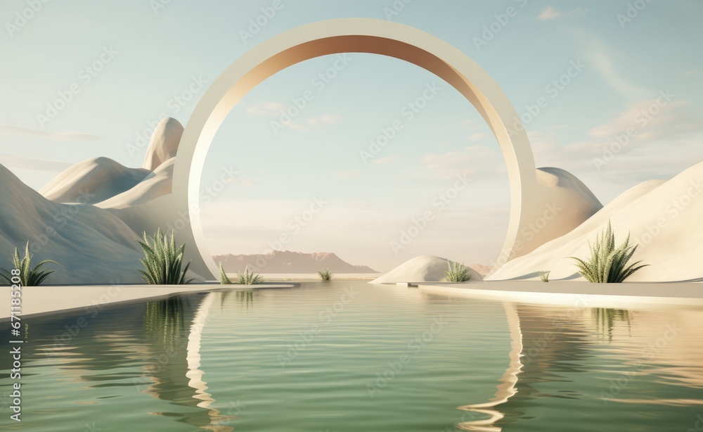 Fantasy world, futuristic fantasy image. Surreal landscape with water and colorful sand. Podium, display on the background of abstract glass, mirror shapes and objects.	