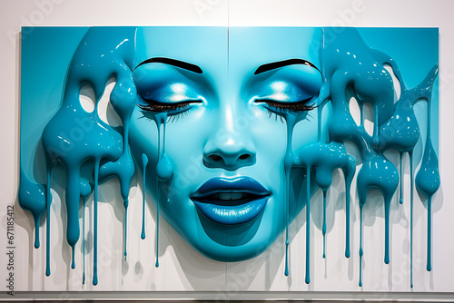 Visage géant en peinture bleue sur un mur avec larmes et coulures photo