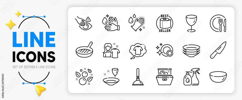 Cleaning liquids, Dish and Clean dishes line icons set for app include Bowl dish, Dont touch, T-shirt outline thin icon. Dishwasher, Grill pan, Glass pictogram icon. Clean bubbles. Vector - obrazy, fototapety, plakaty 