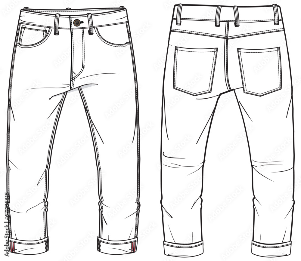 Men's denim jeans trouser pants front and back view flat sketch fashion illustration, five pockets denim pants vector template. Rolled up hem jeans drawing Men's denim jeans trouser pants front and back view flat sketch fashion illustration, five pockets denim pants vector template. Rolled up hem jeans drawing