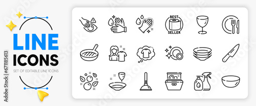 Cleaning liquids, Dish and Clean dishes line icons set for app include Bowl dish, Dont touch, T-shirt outline thin icon. Dishwasher, Grill pan, Glass pictogram icon. Clean bubbles. Vector