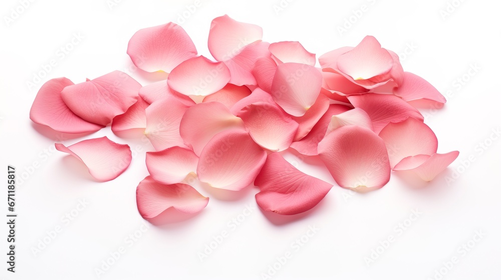 Fototapeta premium Delicate rose petals on a white background. Generation AI