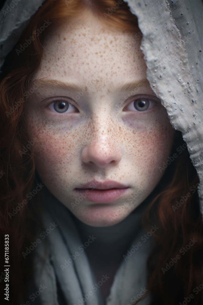 A closeup portrait of a young female teenage model wearing a hooded pullover. She has very pale skin and light freckles, suggesting skincare and a natural complexion. A closeup portrait of a young female teenage model wearing a hooded pullover. She has very pale skin and light freckles, suggesting skincare and a natural complexion.