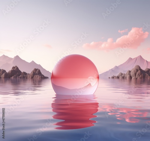 Fantasy world  futuristic fantasy image. Surreal landscape with water and colorful sand. Podium  display on the background of abstract glass  mirror shapes and objects. 