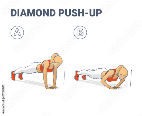 Diamond Push-Ups Exercise Girl Silhouettes Colorful Concept.