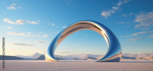 Fantasy world  futuristic fantasy image. Surreal landscape with water and colorful sand. Podium  display on the background of abstract glass  mirror shapes and objects. 