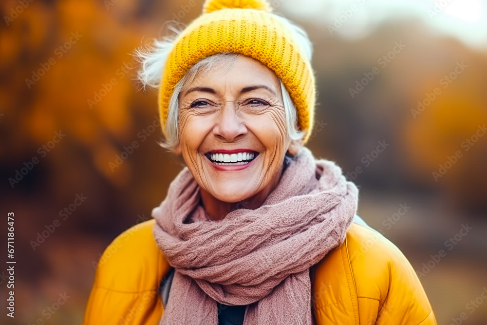 Femme sénior souriante avec un bonnet et une écharpe jaune dans la forêt Femme sénior souriante avec un bonnet et une écharpe jaune dans la forêt