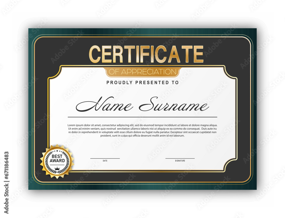Certificate. The template of the form with the award badge. Modern design to confirm training, education and professional development Certificate. The template of the form with the award badge. Modern design to confirm training, education and professional development