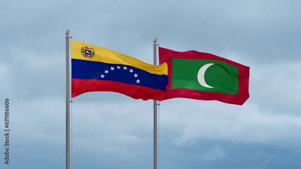 Maldives flag and Venezuela flag waving together on cloudy sky, endless seamless loop, two country relations concept Maldives flag and Venezuela flag waving together on cloudy sky, endless seamless loop, two country relations concept