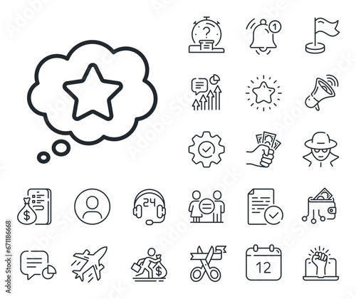 Bonus points. Salaryman, gender equality and alert bell outline icons. Loyalty star line icon. Discount program symbol. Loyalty star line sign. Spy or profile placeholder icon. Vector