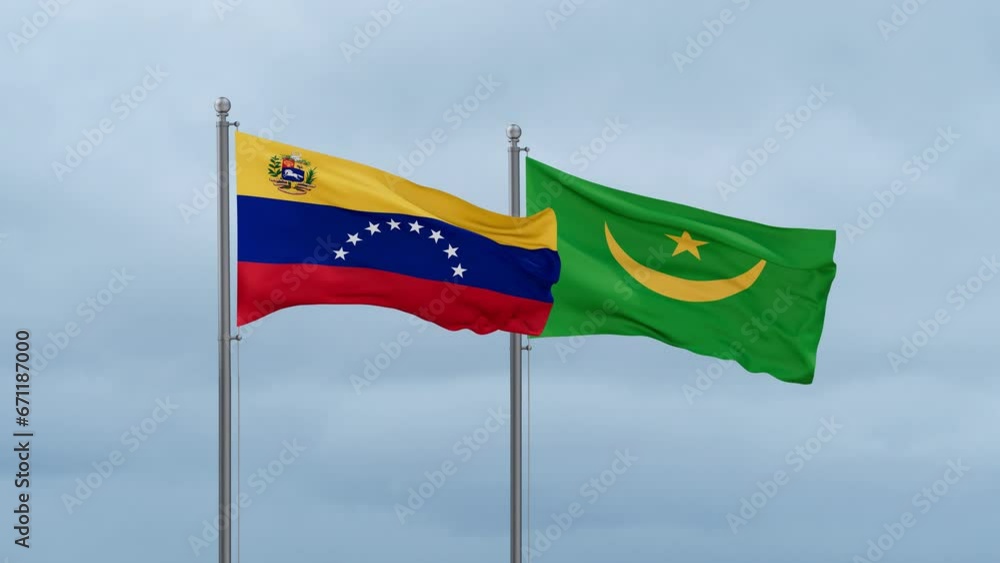 Mauritania flag and Venezuela flag waving together on cloudy sky, endless seamless loop, two country relations concept Mauritania flag and Venezuela flag waving together on cloudy sky, endless seamless loop, two country relations concept