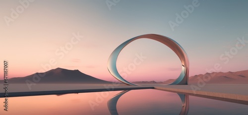 Fantasy world, futuristic fantasy image. Surreal landscape with water and colorful sand. Podium, display on the background of abstract glass, mirror shapes and objects.  © Jools_art