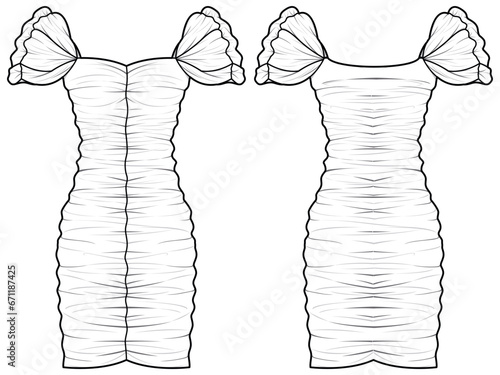 Women Puff sleeve ruched mini dress design flat sketch fashion illustration drawing with front and back view. Ladies bodycon bandage evening wear. Sweetheart neck tight dress drawing vector template