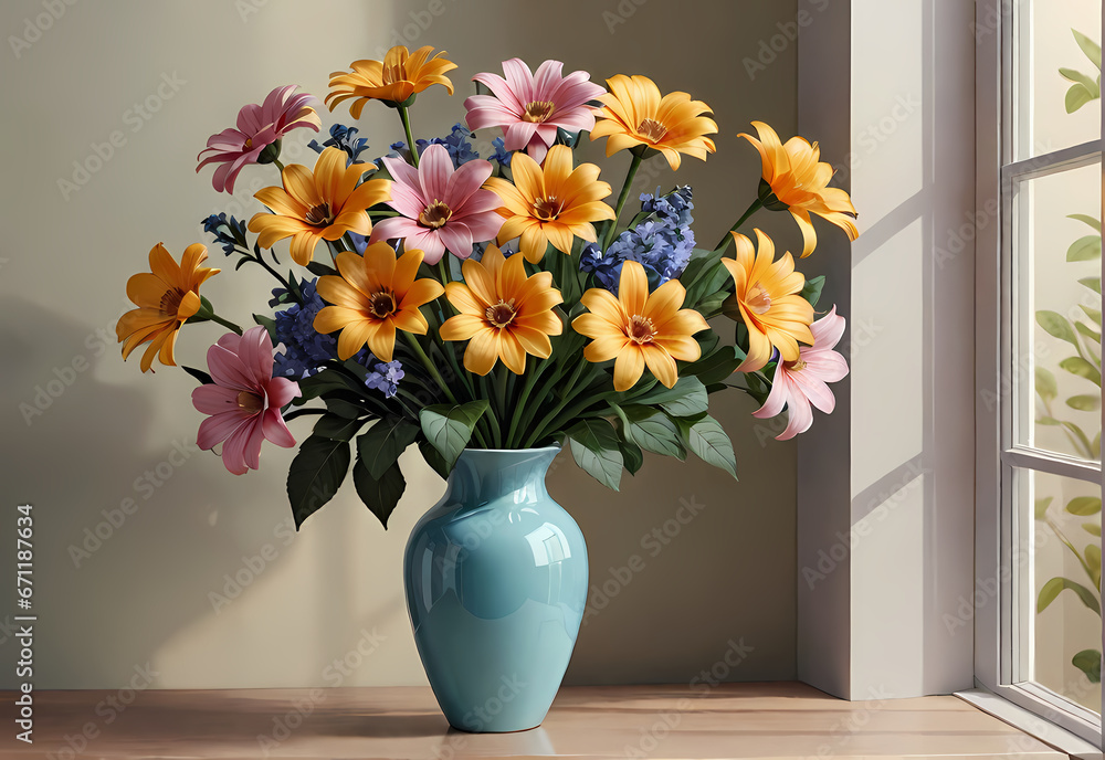 Bouquets of flowers in a vase in a decorative space with a pastel background Bouquets of flowers in a vase in a decorative space with a pastel background