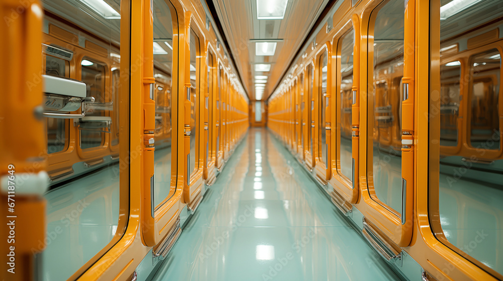 The hallway has many orange mirror windows retro style, futuristic background of a spaceship hallway or a modern building The hallway has many orange mirror windows retro style, futuristic background of a spaceship hallway or a modern building