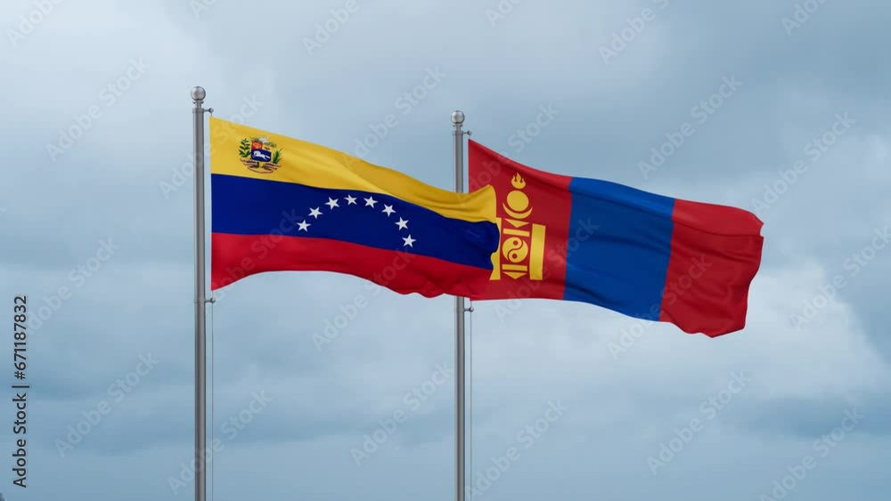 Mongolia and Venezuela flag waving together on cloudy sky, endless seamless loop, two country cooperation concept Mongolia and Venezuela flag waving together on cloudy sky, endless seamless loop, two country cooperation concept