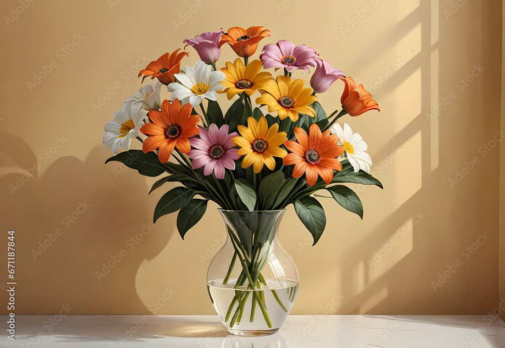 Bouquets of flowers in a vase in a decorative space with a pastel background Bouquets of flowers in a vase in a decorative space with a pastel background