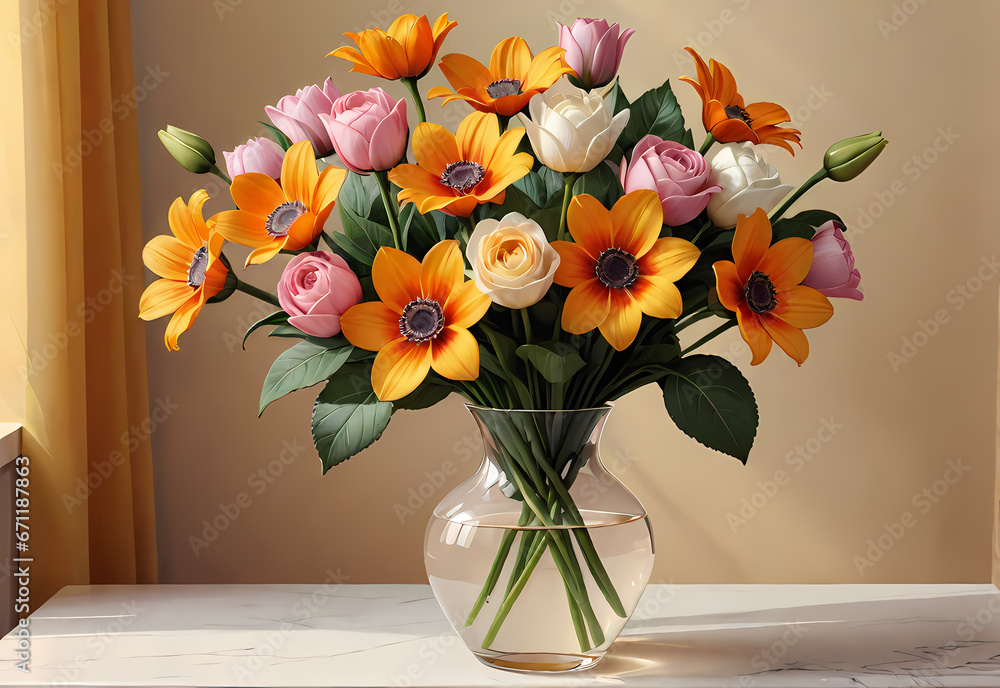 Bouquets of flowers in a vase in a decorative space with a pastel background Bouquets of flowers in a vase in a decorative space with a pastel background