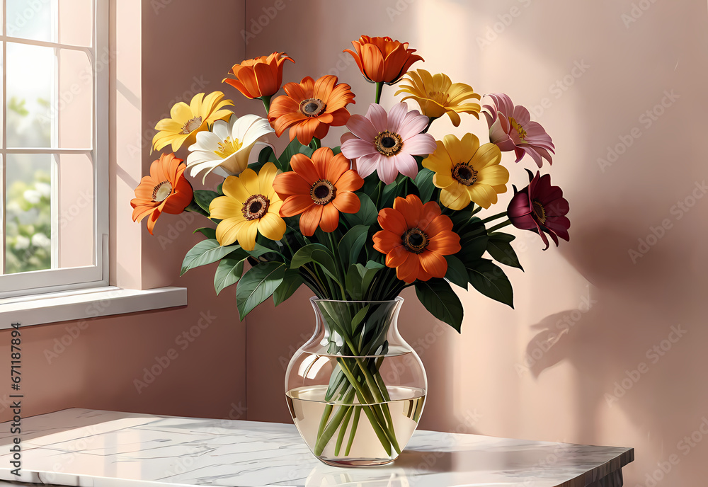 Bouquets of flowers in a vase in a decorative space with a pastel background Bouquets of flowers in a vase in a decorative space with a pastel background