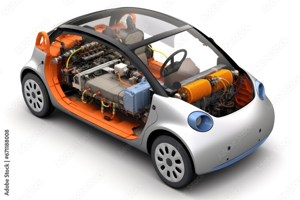 Concept of an electric car. Schematic diagram of an electric car in section on an isolated white background. Concept of an electric car. Schematic diagram of an electric car in section on an isolated white background.