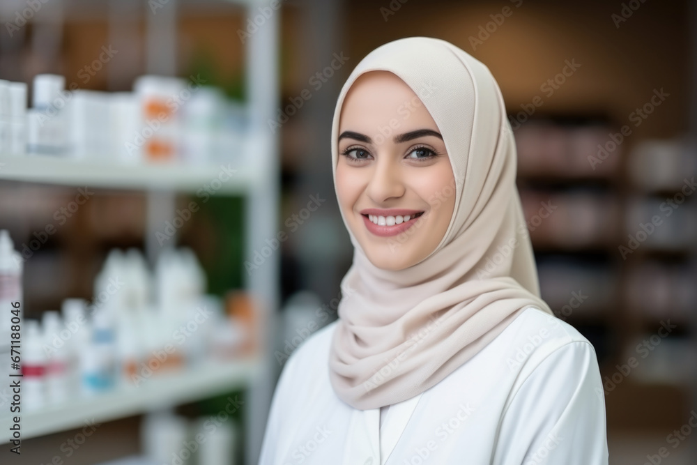 Portrait of a laughing Muslim female pharmacist in hijab against a background of medical supplies. Portrait of a laughing Muslim female pharmacist in hijab against a background of medical supplies.