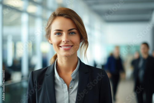 Portrait of cute cheerful blonde manager in business suit on office background.