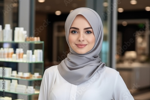 Portrait of a laughing Muslim female pharmacist in hijab against a background of medical supplies.