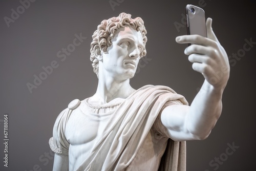 White sculpture of Apollo with a smartphone in his hand taking selfies.