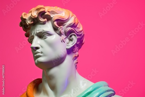 White sculpture of Apollo with multicolored rainbow hair on a pink bright background.