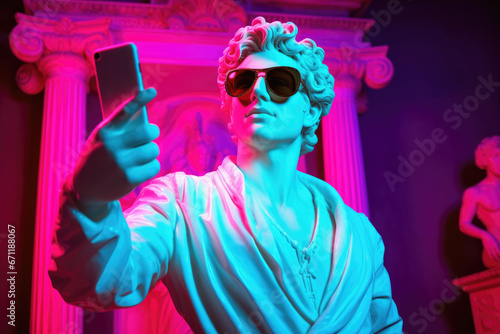 White sculpture of Apollo with a smartphone in his hand against a backdrop of Greek architecture with neon lights.