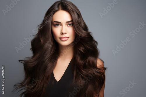 Portrait of pretty brunette with wavy long chic hair on dark gray background.