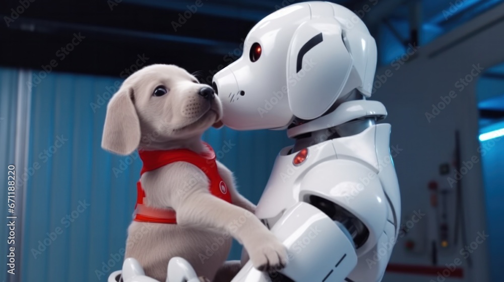 Robot dog holding and kissing a real puppy wearing a red harness Robot dog holding and kissing a real puppy wearing a red harness
