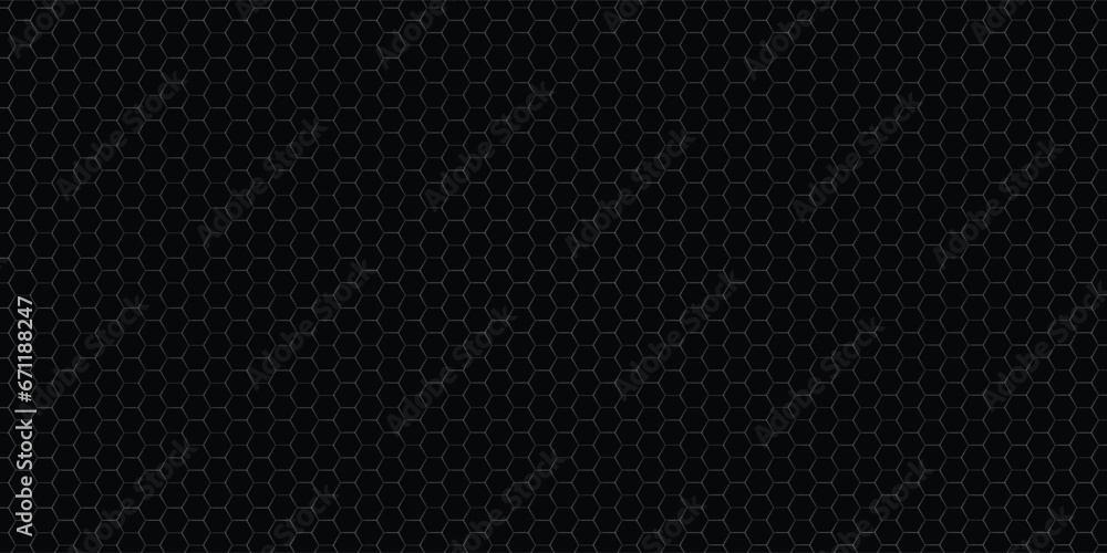 Dark gray abstract wide horizontal banner with hexagon carbon fiber grid and orange luminous lines. Technology vector background with orange neon lines - obrazy, fototapety, plakaty 
