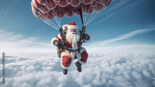 photography Santa Claus parachuting from an airplane. photo