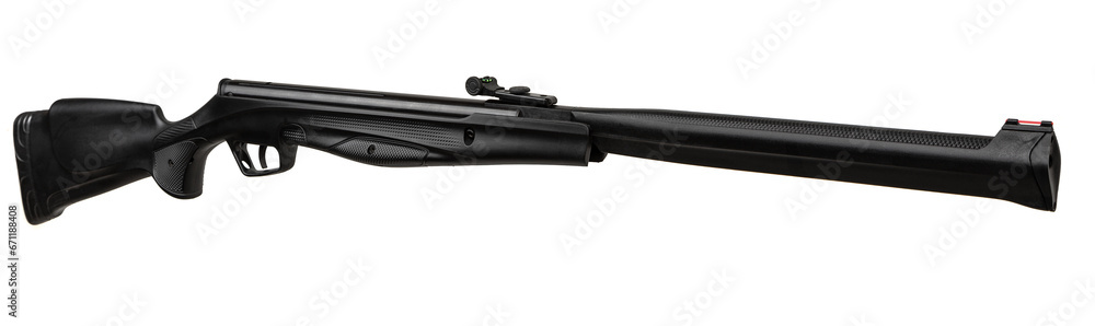 A modern air rifle with a futuristic design. Pneumatic weapons for sports and entertainment. Isolate on a white back A modern air rifle with a futuristic design. Pneumatic weapons for sports and entertainment. Isolate on a white back