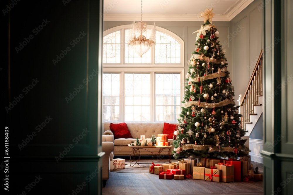 interior of a country house decorated with a Christmas tree on the eve of the holiday. large spacious bright room.