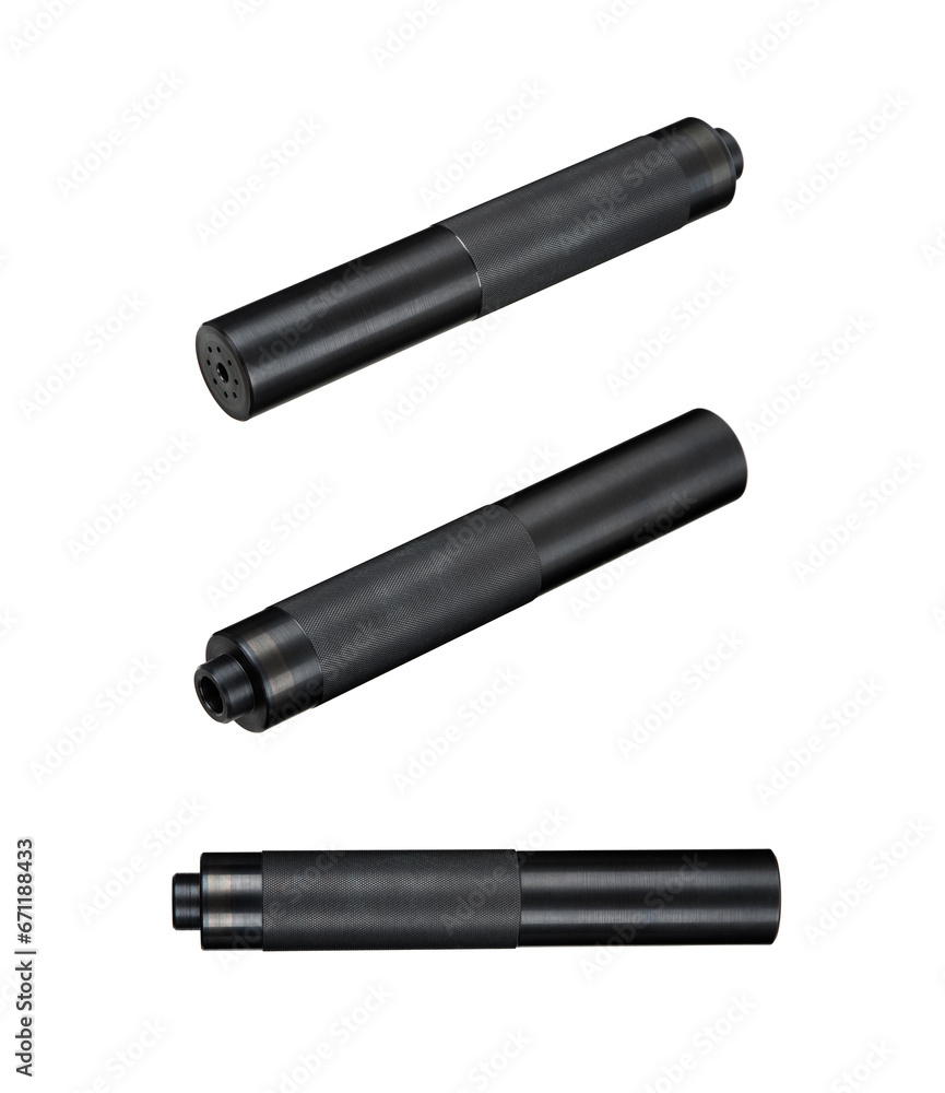Black silencer for weapons. Suppressor that is at the end of an assault rifle. Isolate on a white back. Black silencer for weapons. Suppressor that is at the end of an assault rifle. Isolate on a white back.