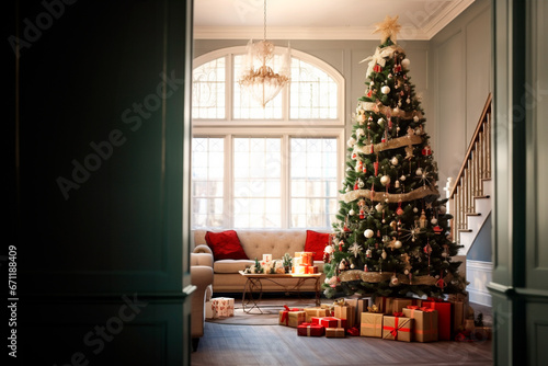 interior of a country house decorated with a Christmas tree on the eve of the holiday. large spacious bright room. © Maria Moroz