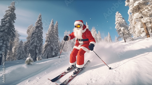 photography Full body Santa Claus playing Snow skiing.