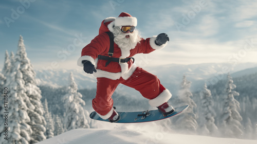 photography Full body Santa Claus playing snowboard.